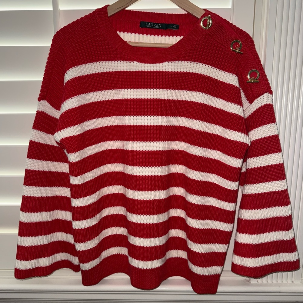 Lauren Ralph Lauren Red White Striped Gold Toggle Buttons Sweater Size Large